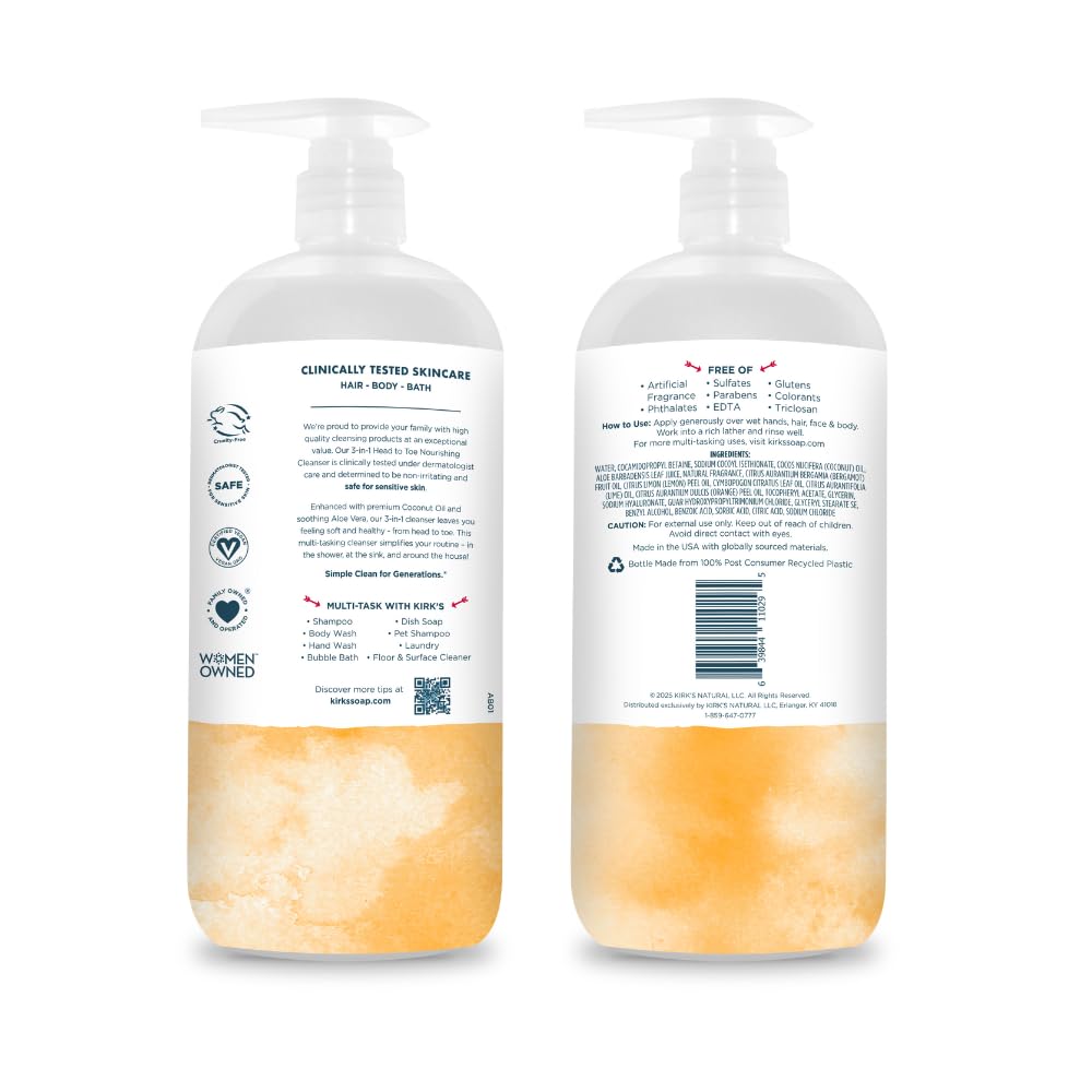 Kirks 3-in-1 Head to Toe Nourishing Cleanser – Coconut Oil, Aloe Vera, Citrus Twist – 32 Fl Oz
