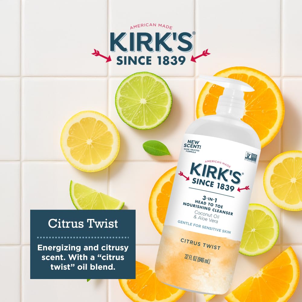 Kirks 3-in-1 Head to Toe Nourishing Cleanser – Coconut Oil, Aloe Vera, Citrus Twist – 32 Fl Oz
