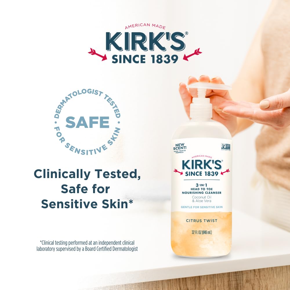Kirks 3-in-1 Head to Toe Nourishing Cleanser – Coconut Oil, Aloe Vera, Citrus Twist – 32 Fl Oz
