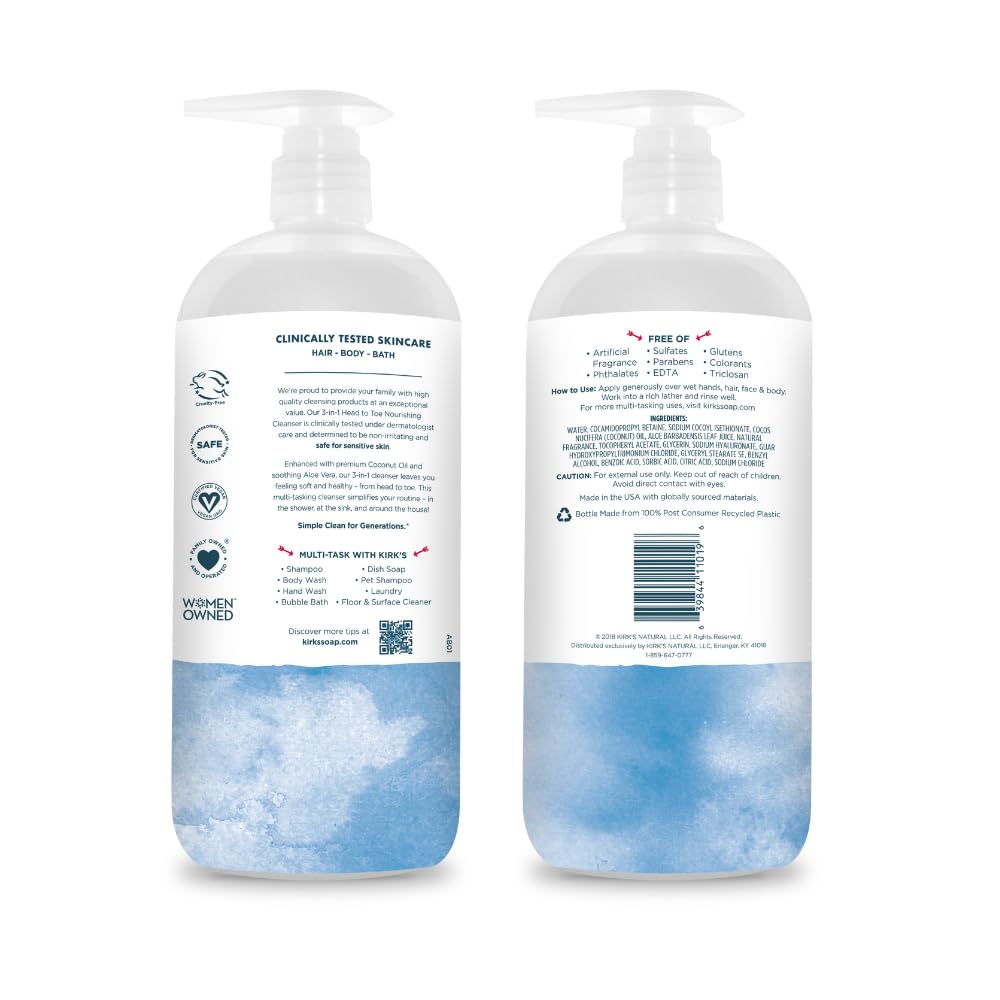 Kirk's 3-in-1 Head to Toe Nourishing Cleanser – Coconut Oil & Aloe Vera, 32 oz