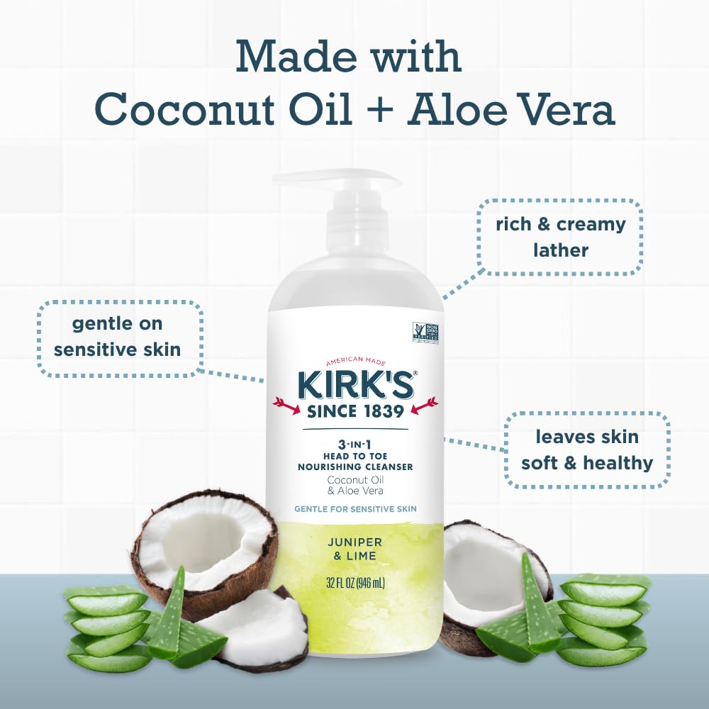 Kirk's 3-in-1 Castile Liquid Soap – Juniper & Lime Scent | Travel Size Bar + 32 oz Pump
