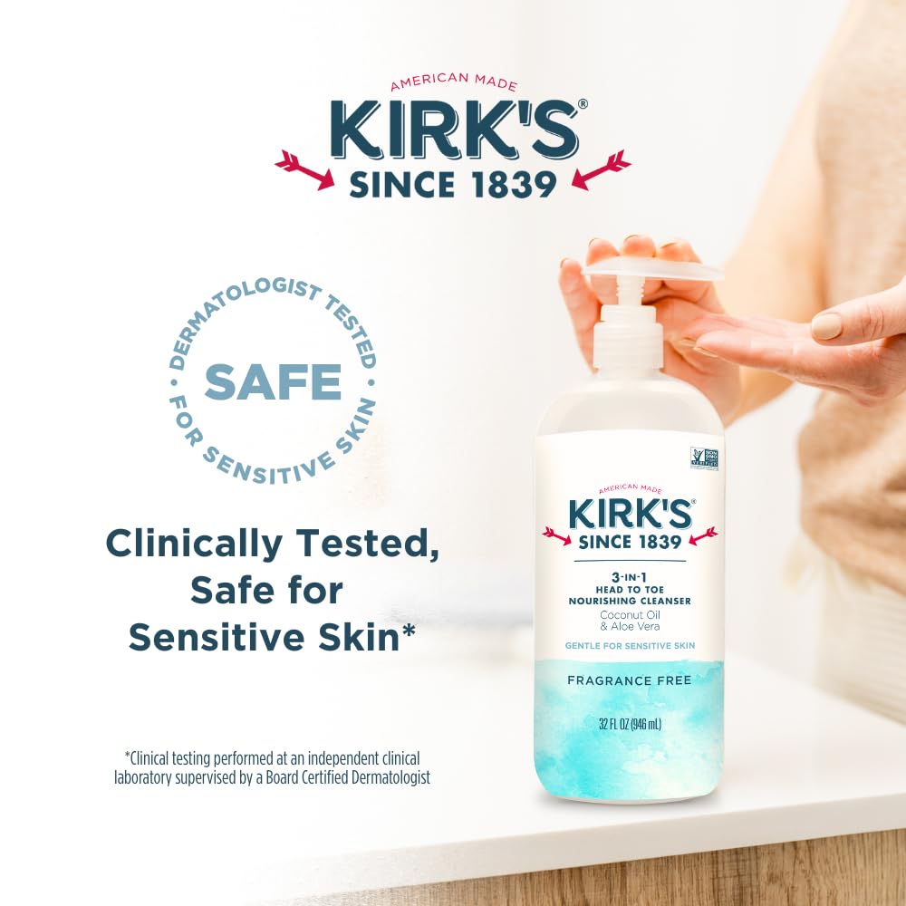 Kirk's 3-in-1 Head to Toe Nourishing Cleanser – Fragrance Free, Coconut Oil & Aloe Vera | 32 Fl Oz