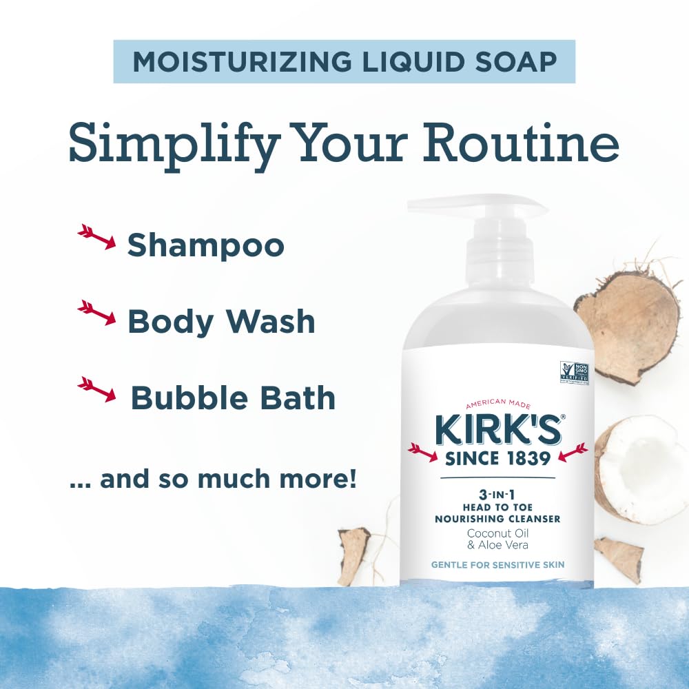 Kirk's 3-in-1 Head to Toe Nourishing Cleanser – Coconut Oil & Aloe Vera, 32 oz