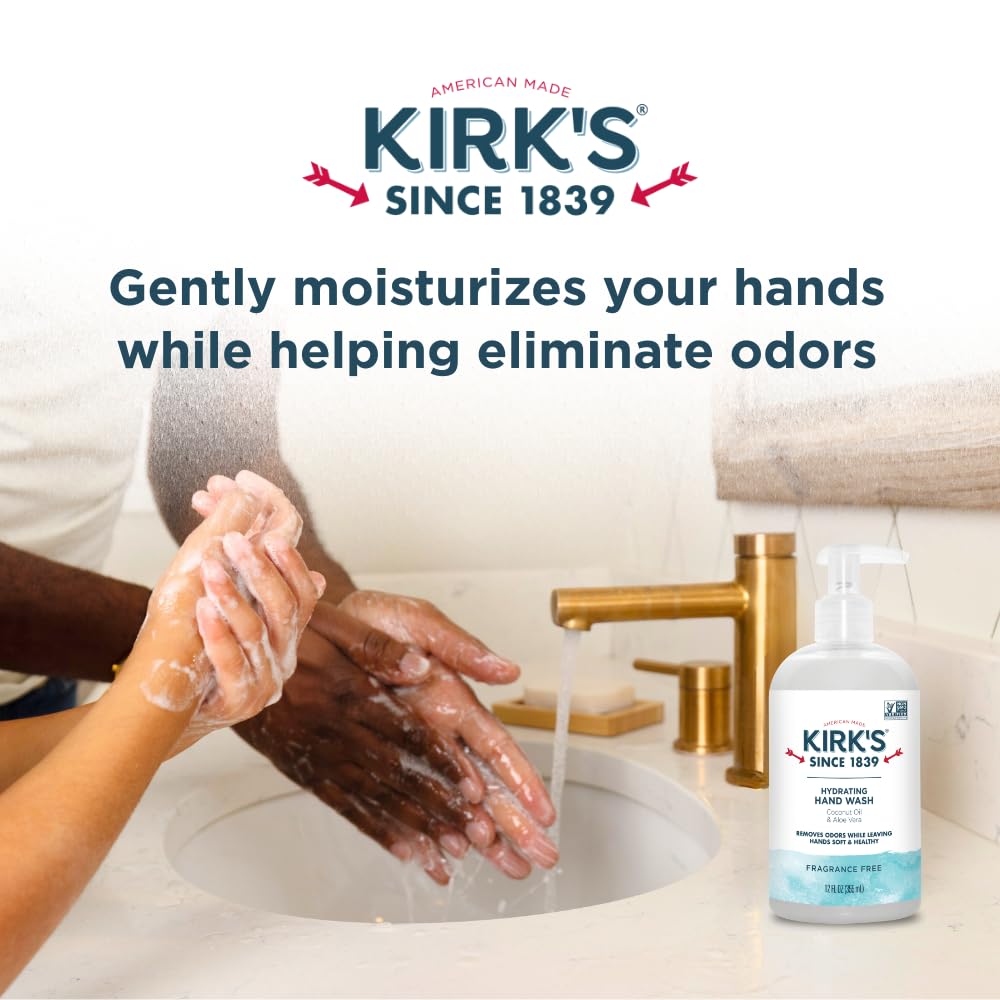 Kirk's Hydrating Hand Wash – Coconut Oil & Aloe Vera, Odor Neutralizing, Fragrance Free, 12 oz (4 Pack)
