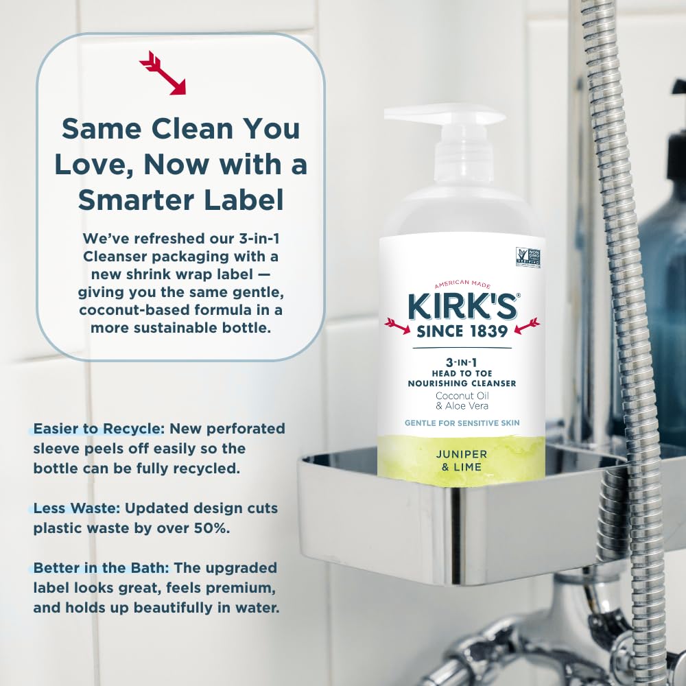 Kirk's 3-in-1 Head to Toe Nourishing Cleanser & Travel Bar Soap – Juniper & Lime (32 oz, 2-pack)