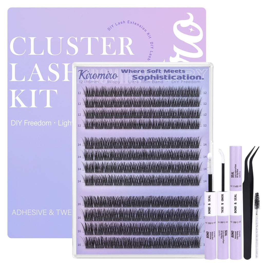 Kiromiro Natural Lash Clusters Kit 12–16mm C Curl | DIY Wispy Lashes with Bond & Seal & Tweezers