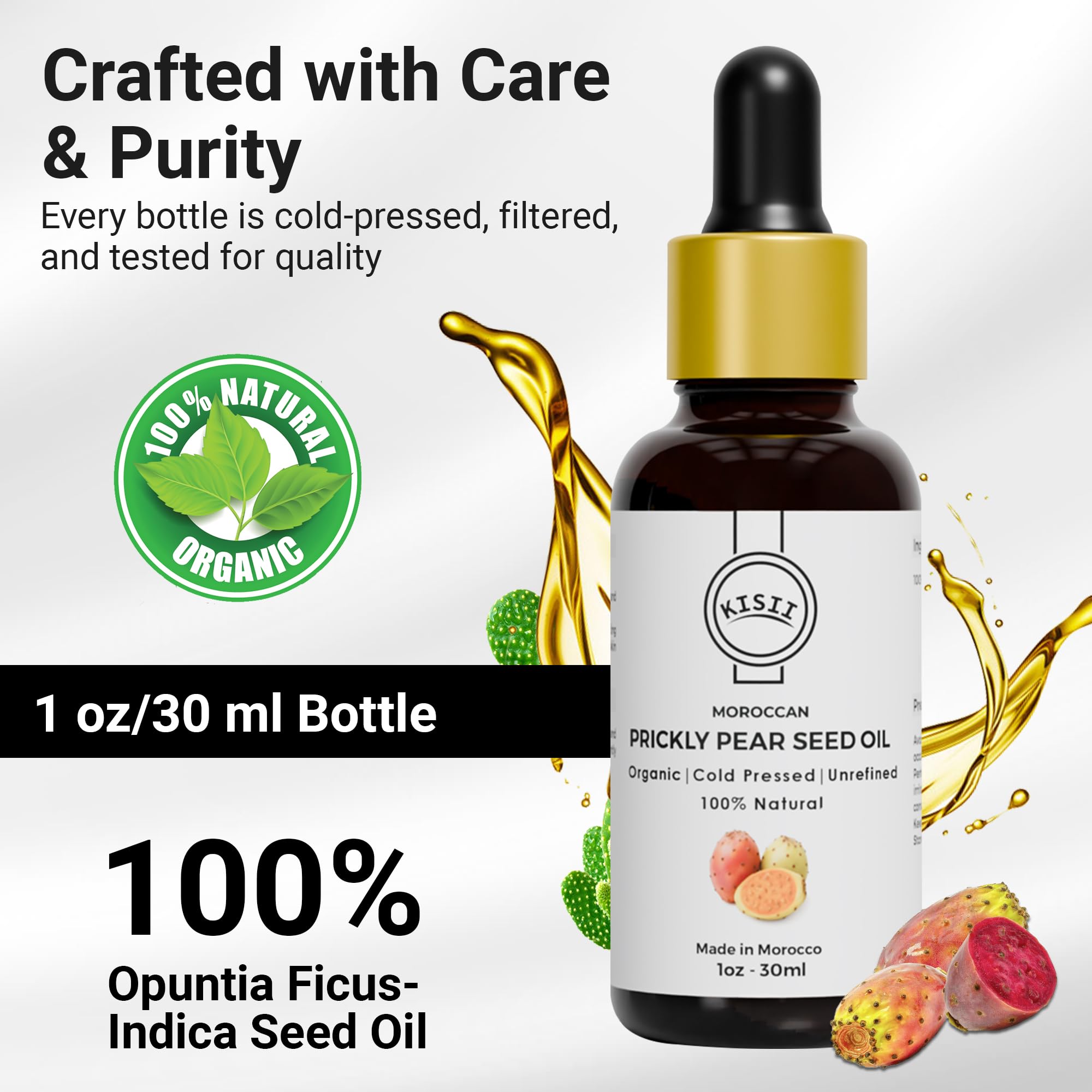 Kisii Premium Moroccan Prickly Pear Seed Oil – Cold-Pressed Organic Oil for Face & Hair Care | 1 fl oz