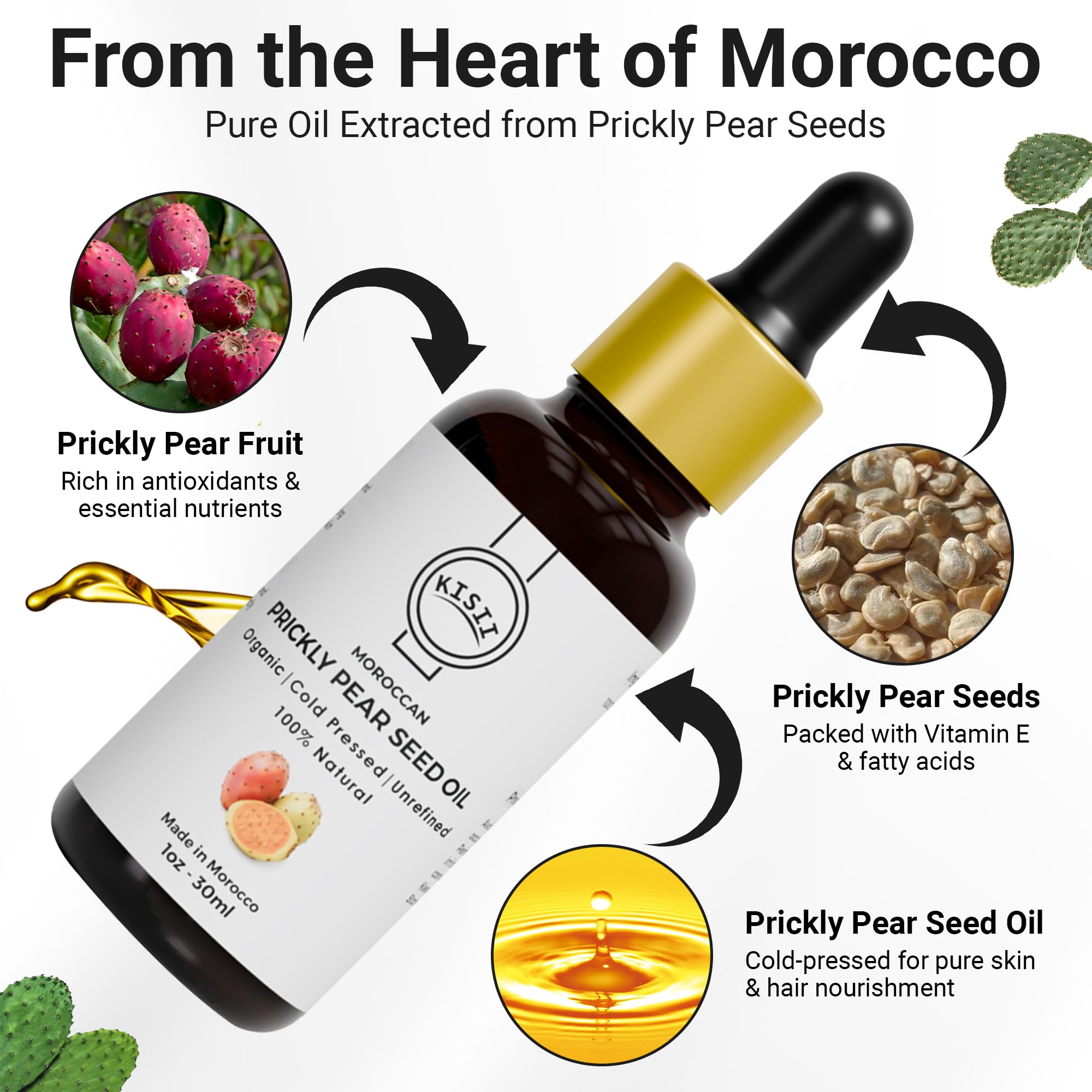 Kisii Premium Moroccan Prickly Pear Seed Oil – Cold-Pressed Organic Oil for Face & Hair Care | 1 fl oz