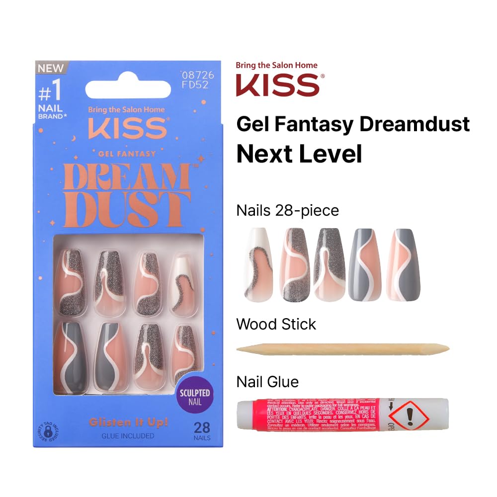 KISS Dreamdust Nails Kit — Ready-to-Wear Gel Sculpted Nails with Glue & Stick