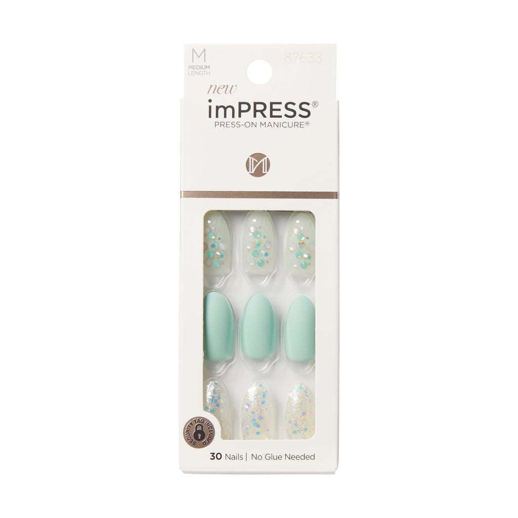 KISS imPRESS Press-On Manicure: Evergreen Mint Glitter, Medium Almond Nails, No Glue