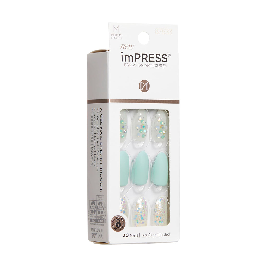 KISS imPRESS Press-On Manicure: Evergreen Mint Glitter, Medium Almond Nails, No Glue