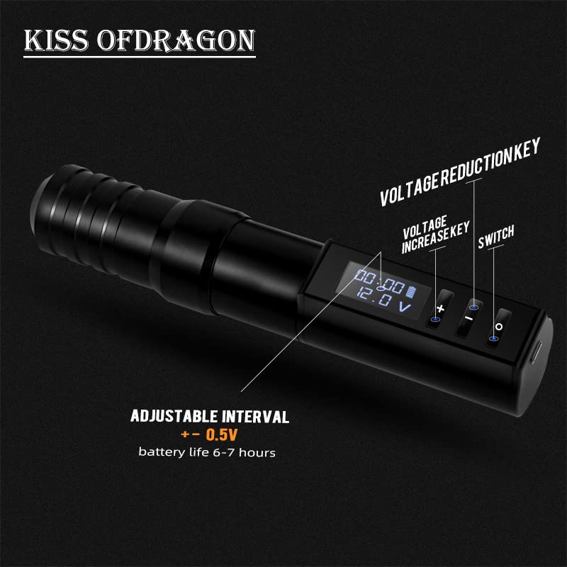 Kiss of Dragon Tattoo Kit — Wireless Tattoo Machine, 2400mAh Battery, 20 Cartridges, Ink & Practice Skin