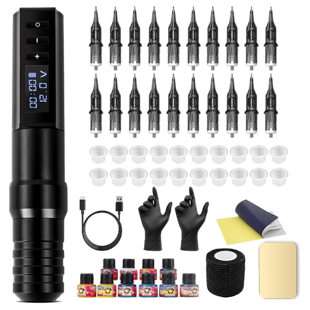 Kiss of Dragon Tattoo Kit — Wireless Tattoo Machine, 2400mAh Battery, 20 Cartridges, Ink & Practice Skin