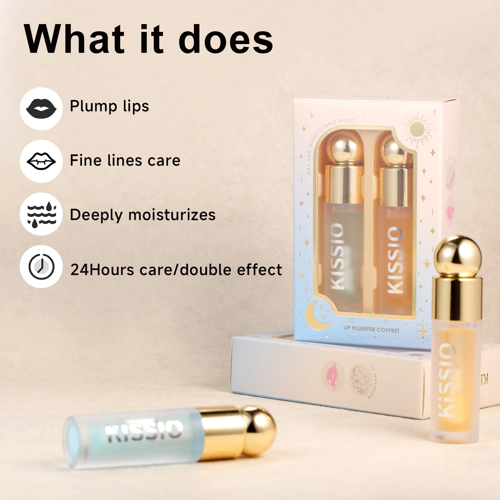 KISSIO Plumping Lip Gloss Set – Day & Night Lip Care with Ginger, Peppermint & Jojoba Oil