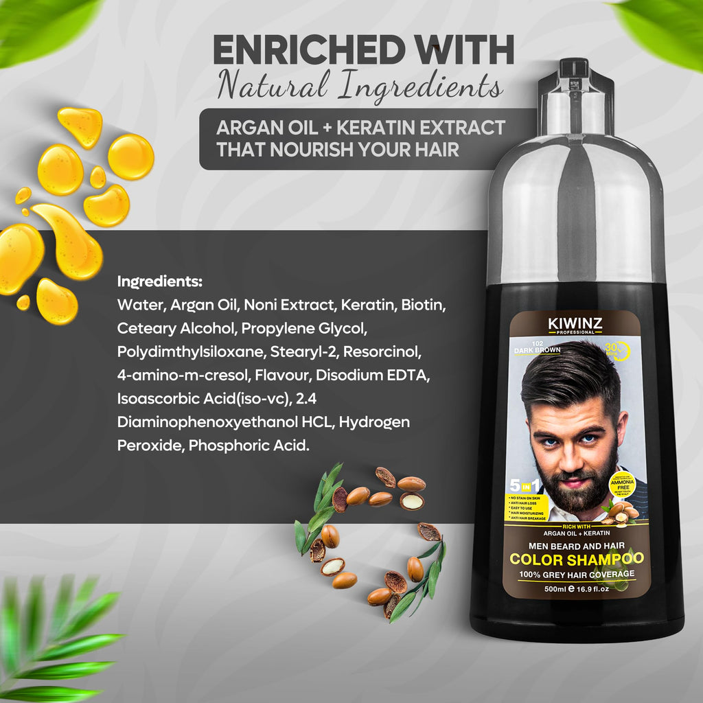 Kiwinz Professional Dark Brown Hair Color Shampoo for Men – 5 in 1 Dye, Ammonia-Free, 500ml