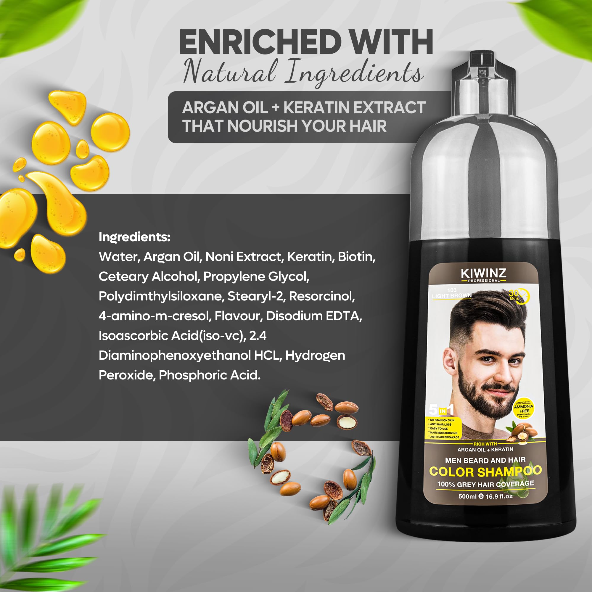 Kiwinz Professional Light Brown Hair Color Shampoo for Men – 5 in 1, Ammonia Free, 500ml