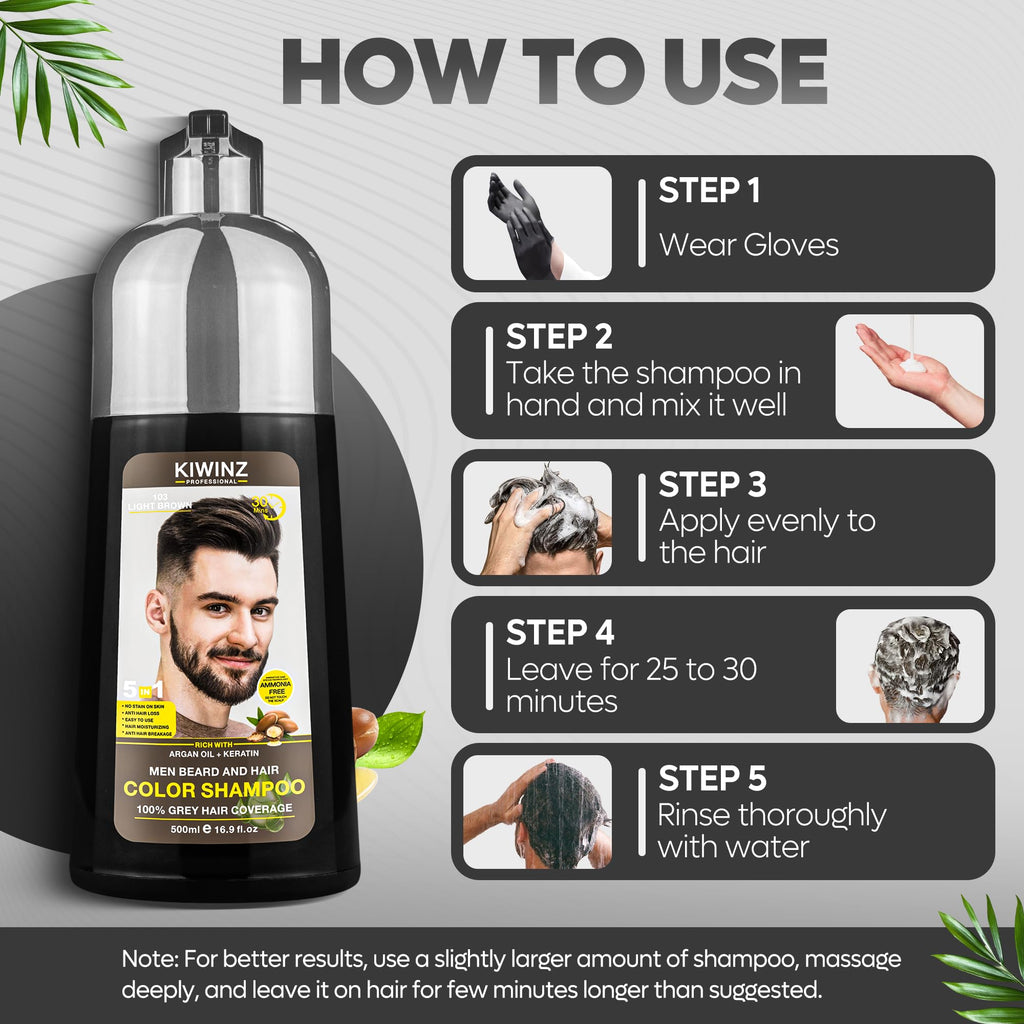 Kiwinz Professional Light Brown Hair Color Shampoo for Men – 5 in 1, Ammonia Free, 500ml