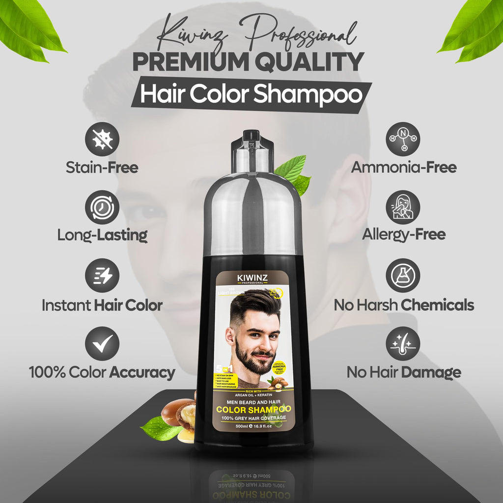 Kiwinz Professional Light Brown Hair Color Shampoo for Men – 5 in 1, Ammonia Free, 500ml