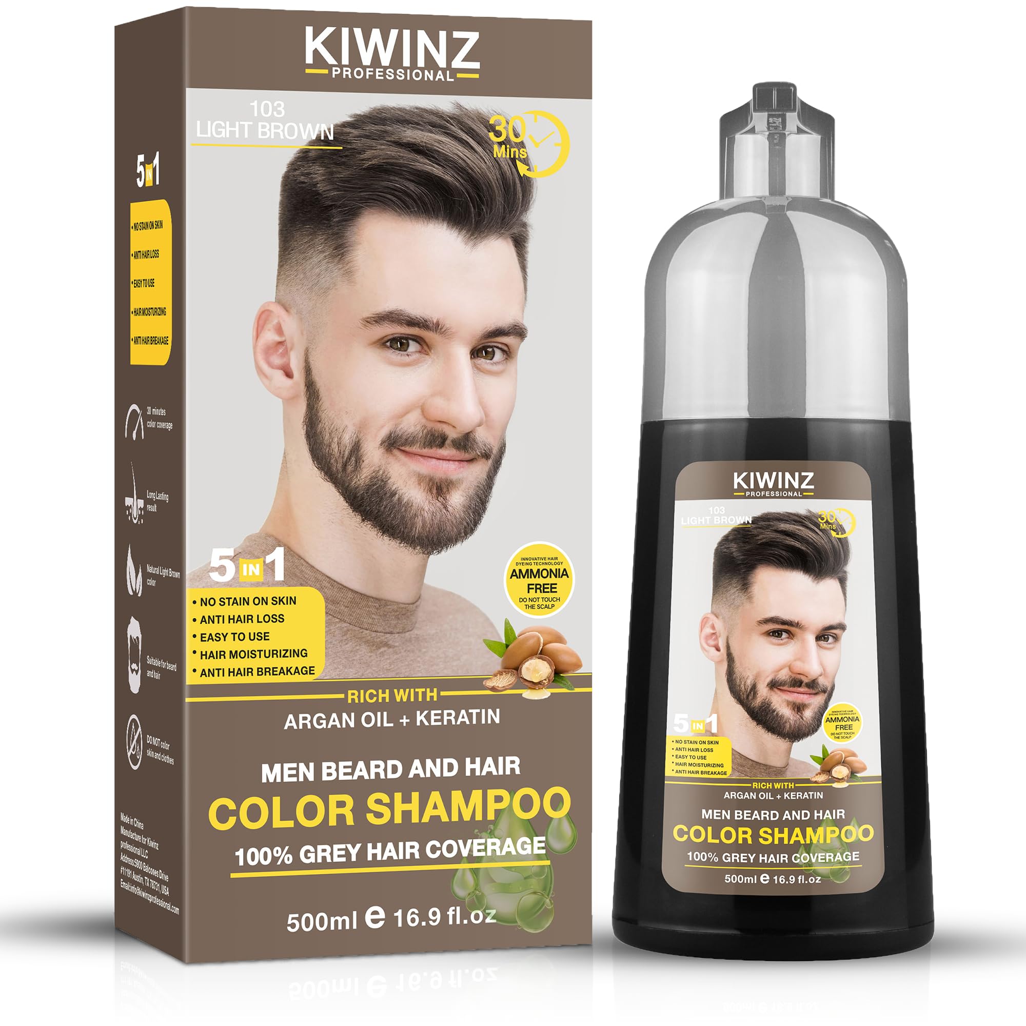 Kiwinz Professional Light Brown Hair Color Shampoo for Men – 5 in 1, Ammonia Free, 500ml