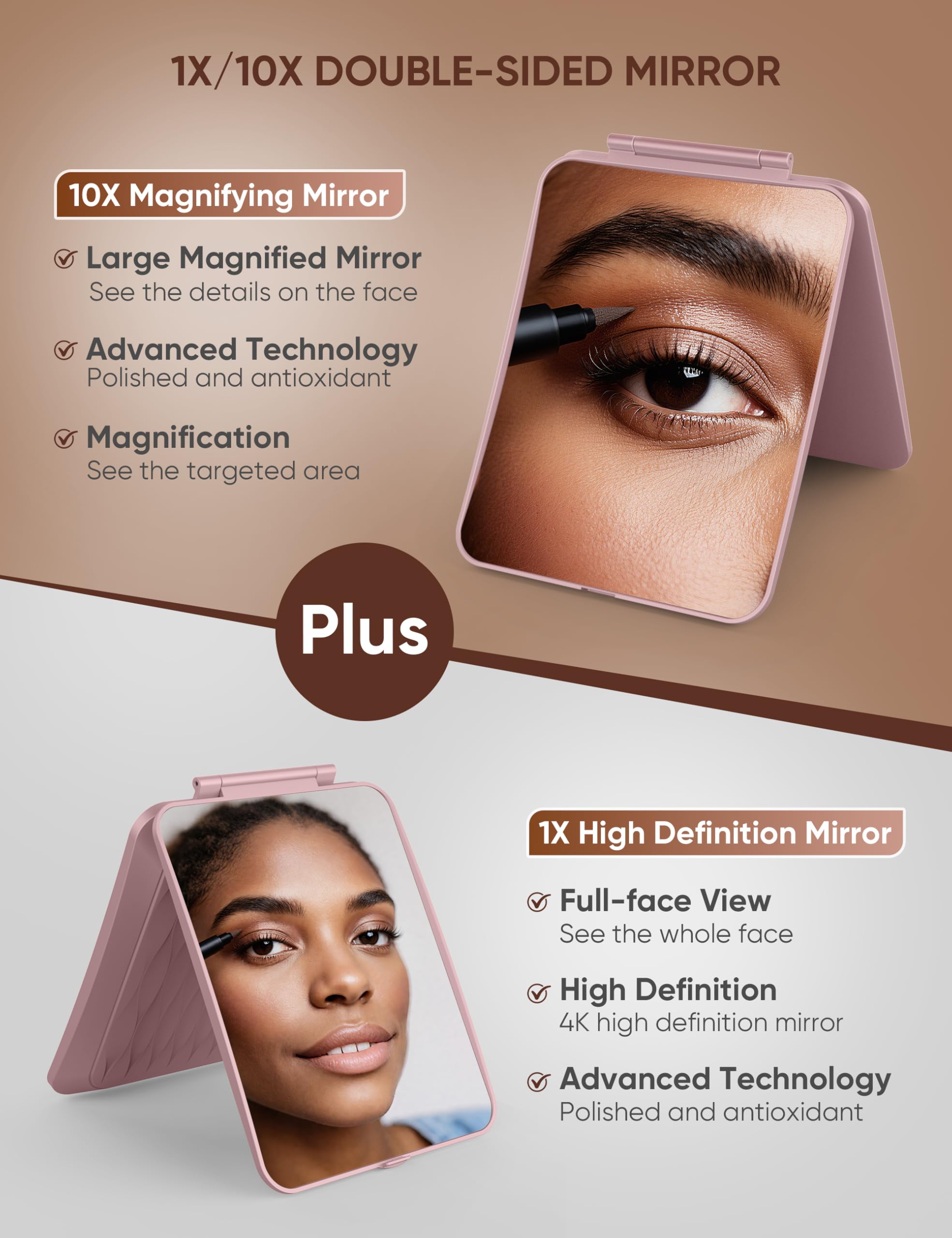 klarh Travel Makeup Mirror 1X/10X Magnification – Rose Pink, Portable Folding Tabletop Vanity (No LED)
