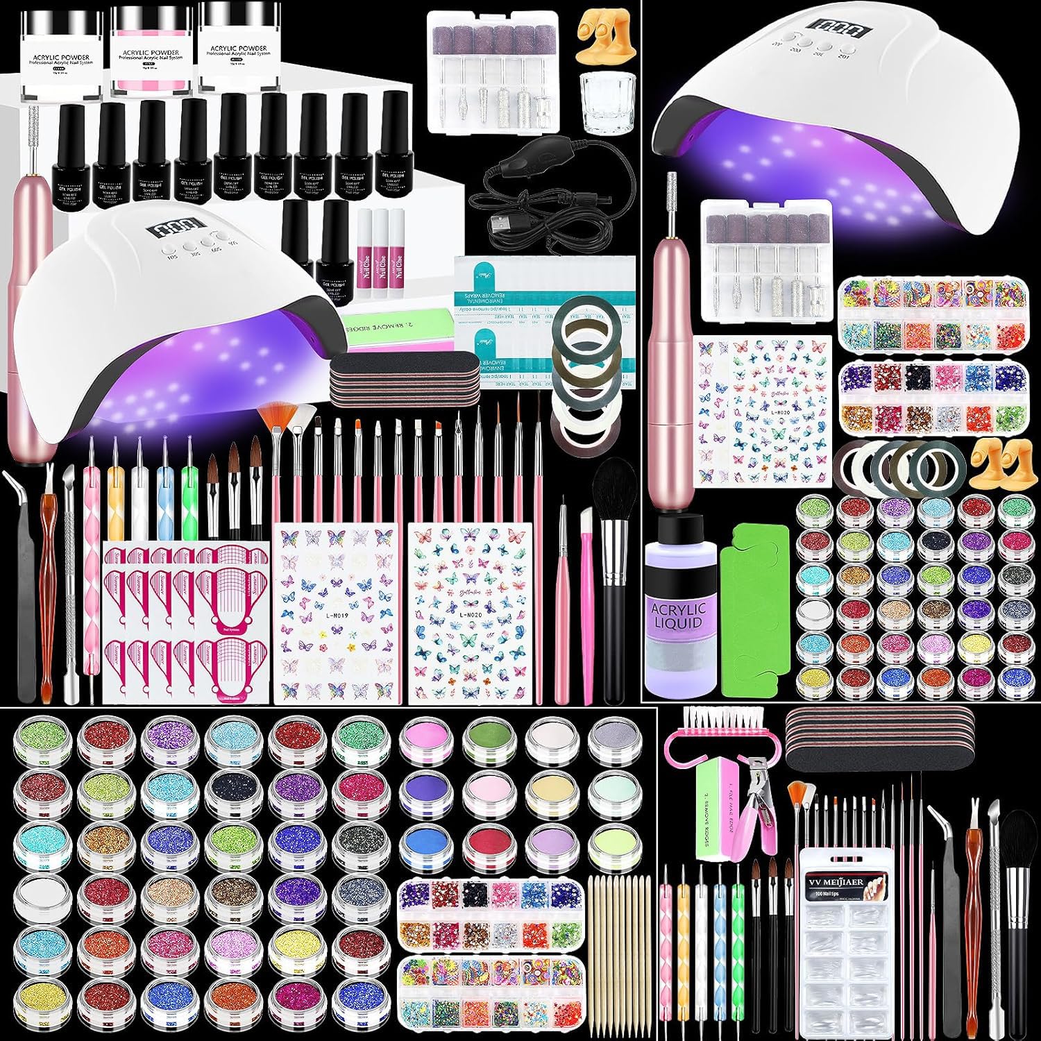 Klemon Acrylic Nail Kit – Complete Multicolor Powder Set with UV Lamp for Beginners