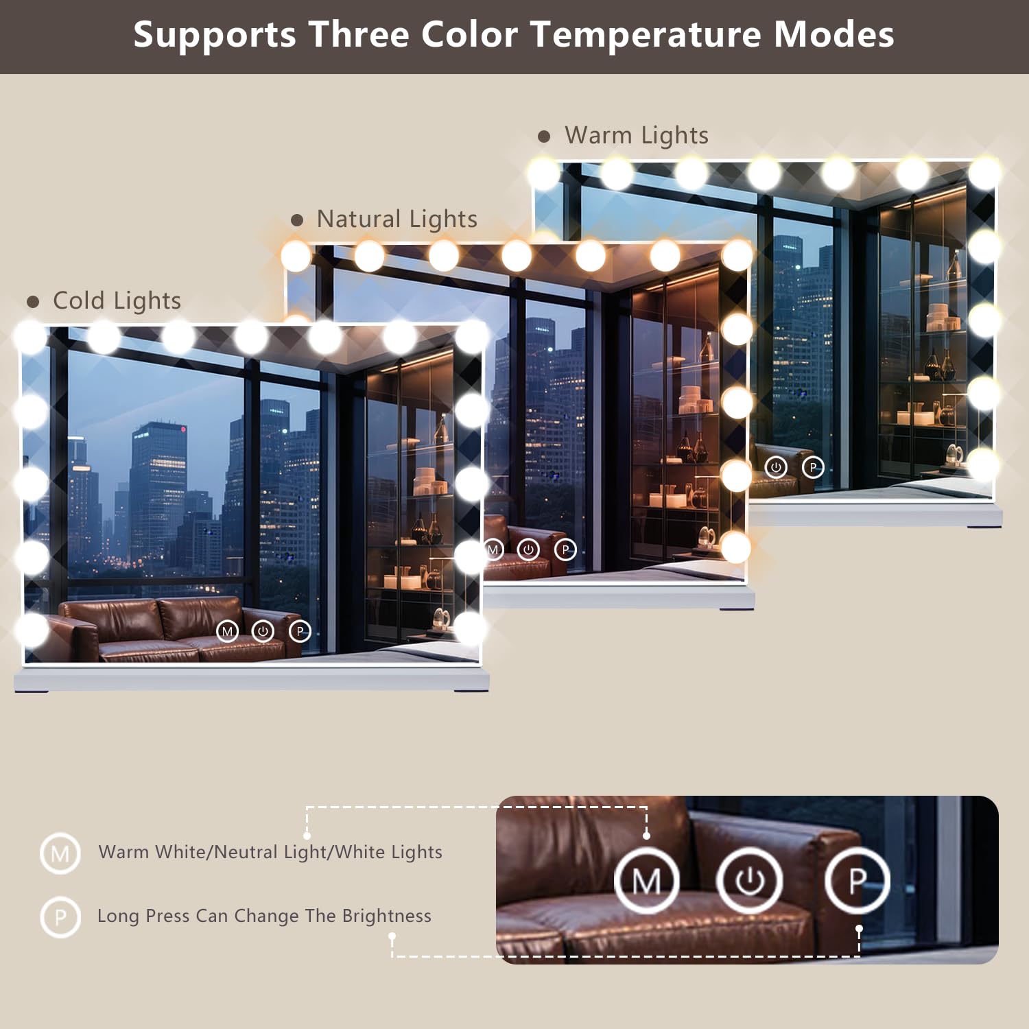 KOHEOPT Hollywood Vanity Mirror with 15 LEDs, 3 Color Modes, USB-C