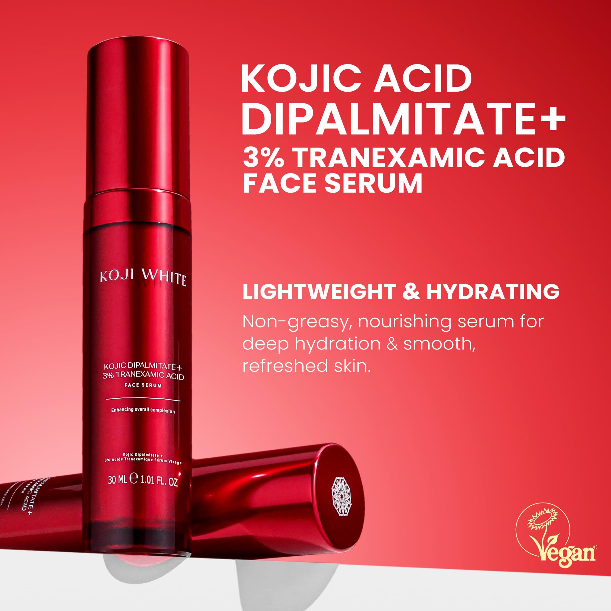 Koji White 2% Kojic Acid Serum + 3% Tranexamic Acid + 5% Niacinamide | Hydrating, Fragrance-Free for Sensitive Skin – 1.01 Fl Oz