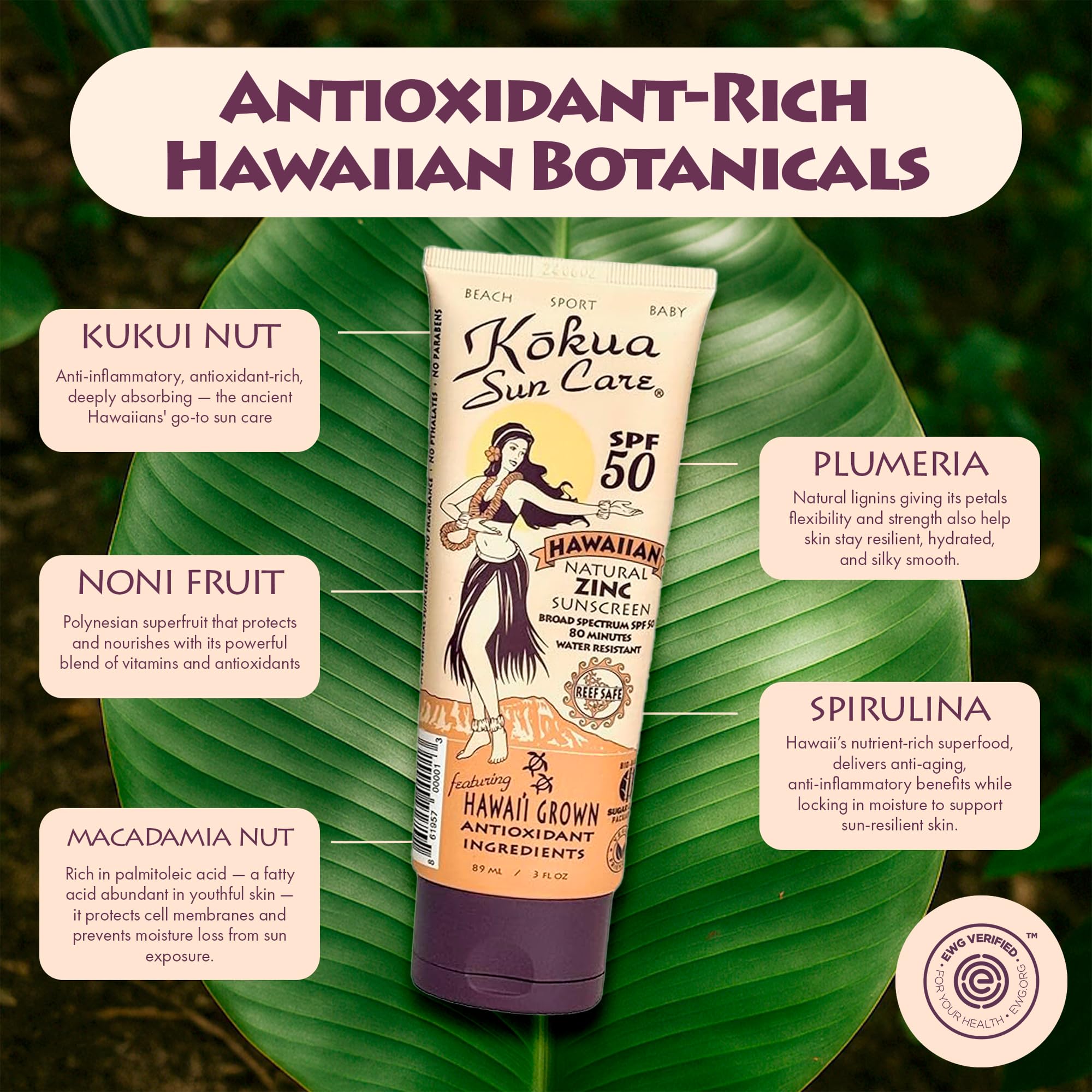 Kokua Sun Care Hawaiian Sunscreen SPF 50 | Mineral, Reef Safe, 3 oz