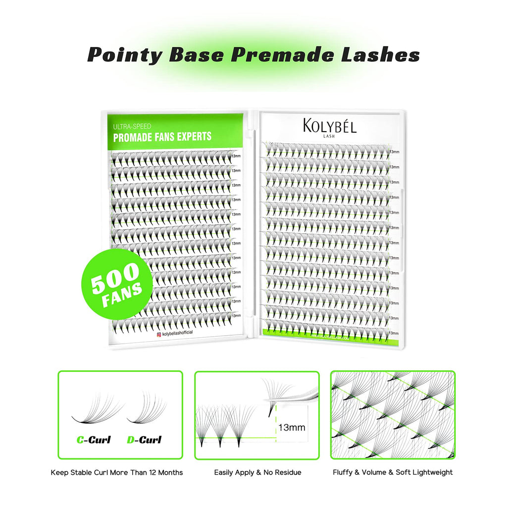 Kolybel 500 Premade Lash Fans - 13mm Single Length, 0.05, 14D, C/D Curl, Handmade Volume Premade Lash Extensions Fans