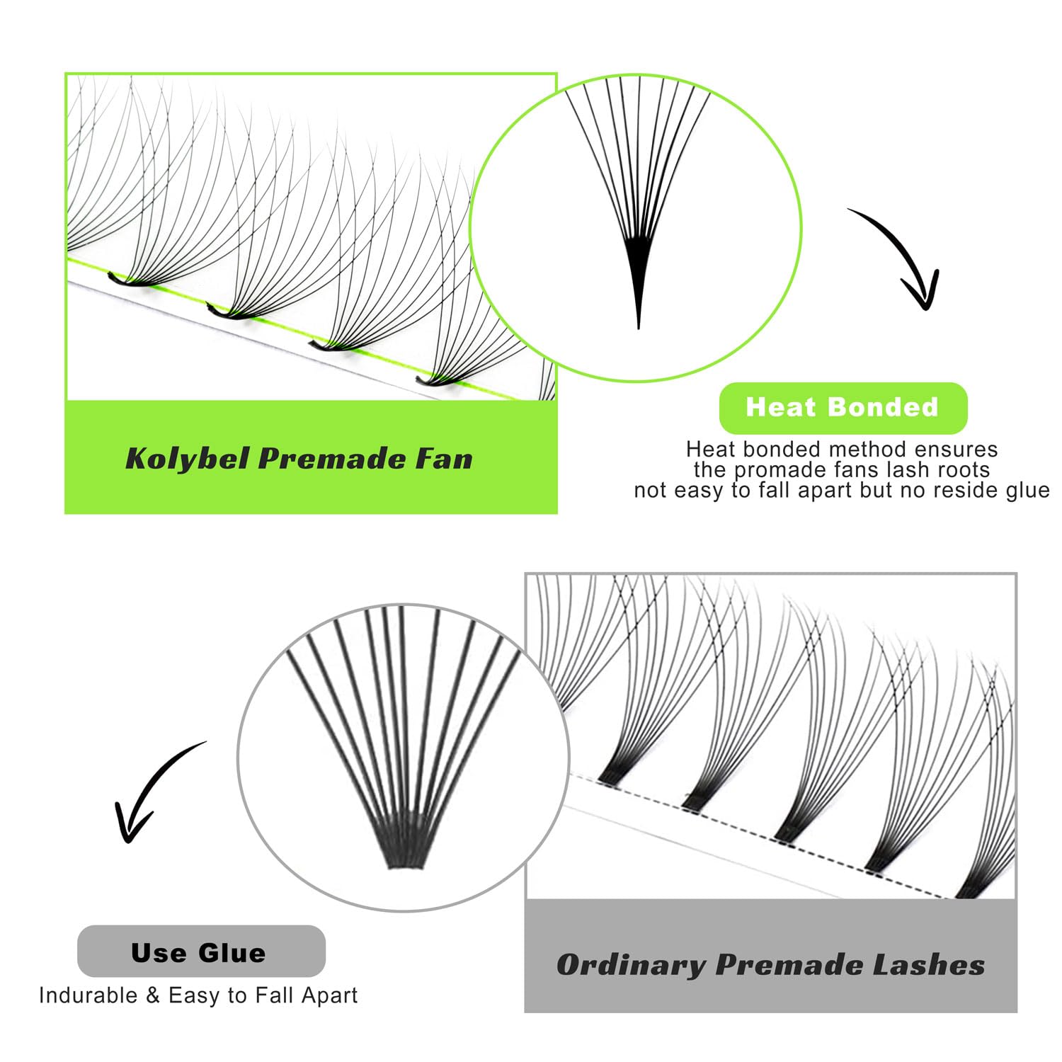 Kolybel 500 Premade Lash Fans 10D 8-15mm | Mixed Length D/C Curl
