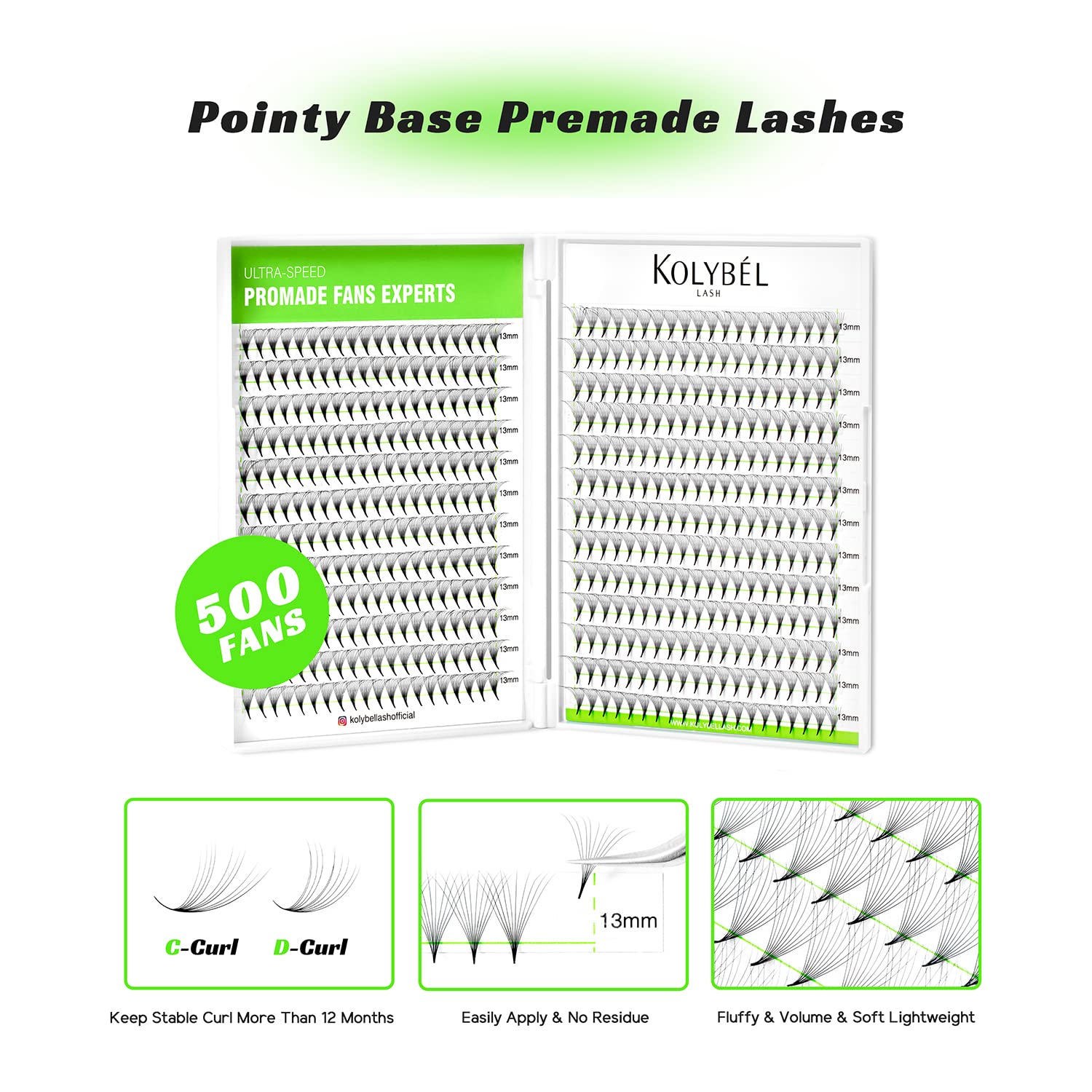 Kolybel 500 Premade Fans Lash Extensions — 16D, 8-15mm Mixed Lengths
