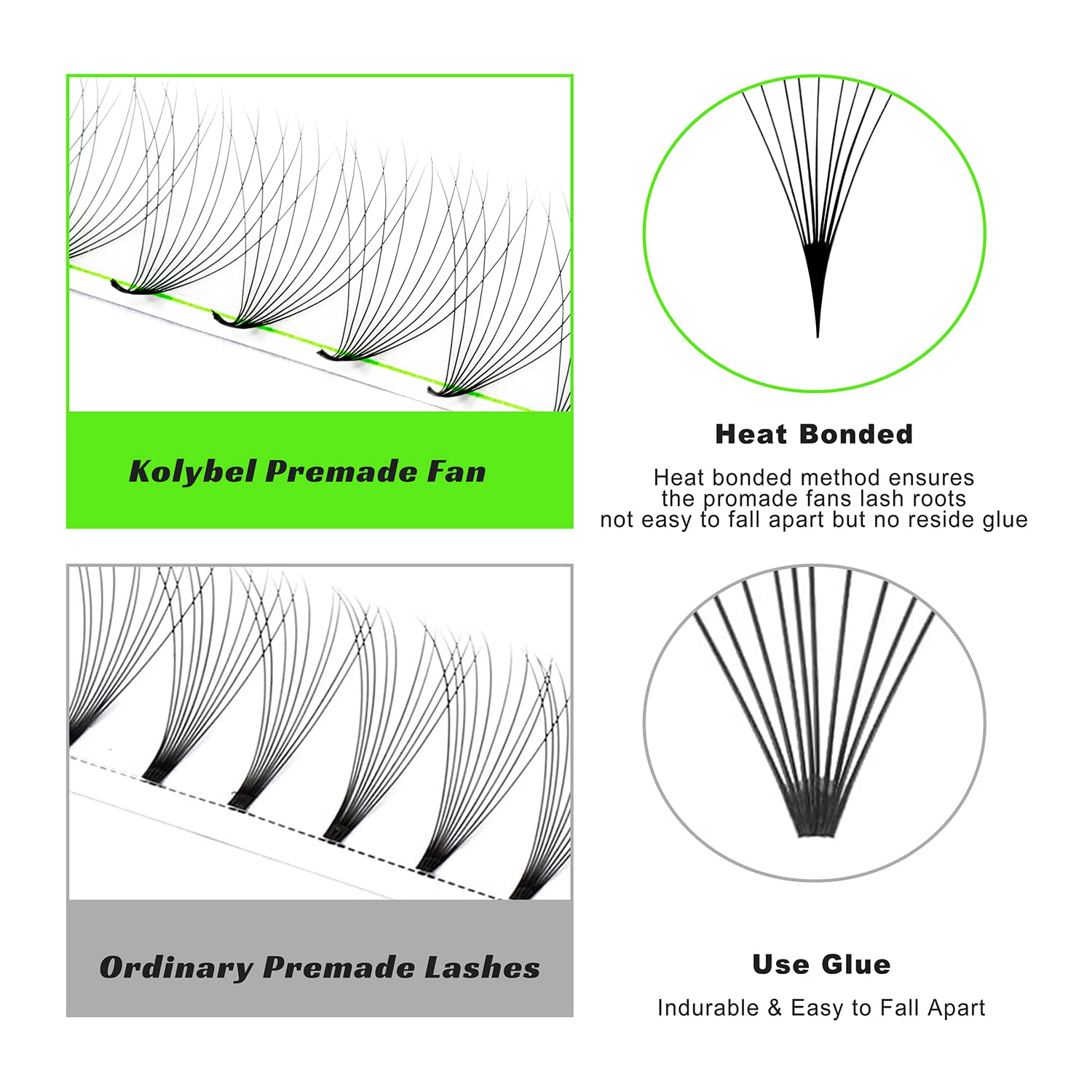 Kolybel 500 Premade Fans Lash Extensions — 16D, 8-15mm Mixed Lengths