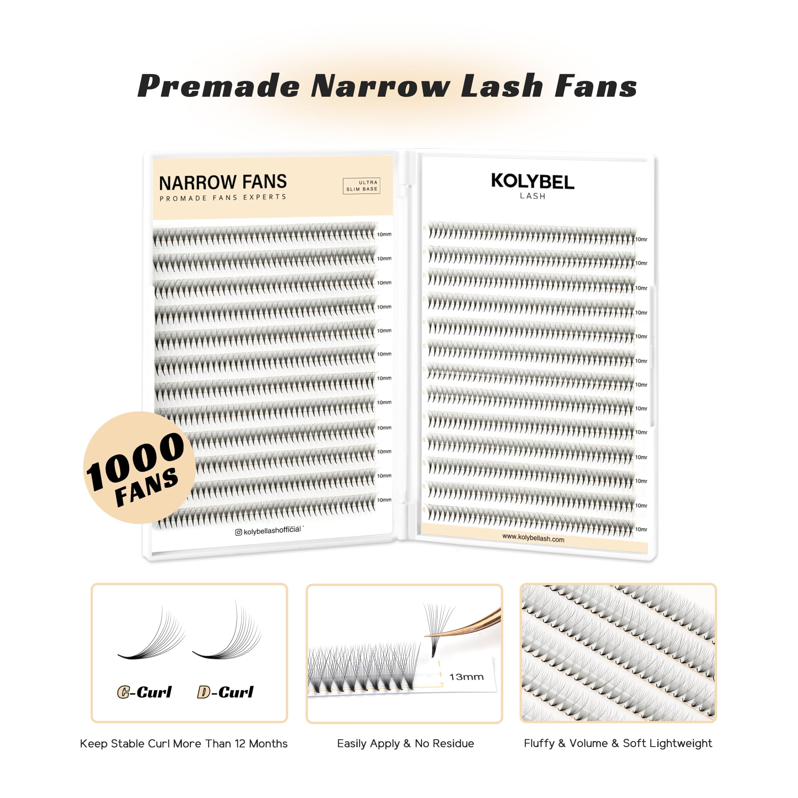 Kolybel 1000 Premade Lash Fans — 10D Narrow Promade, 15mm, 0.05D, Handmade Volume Extensions