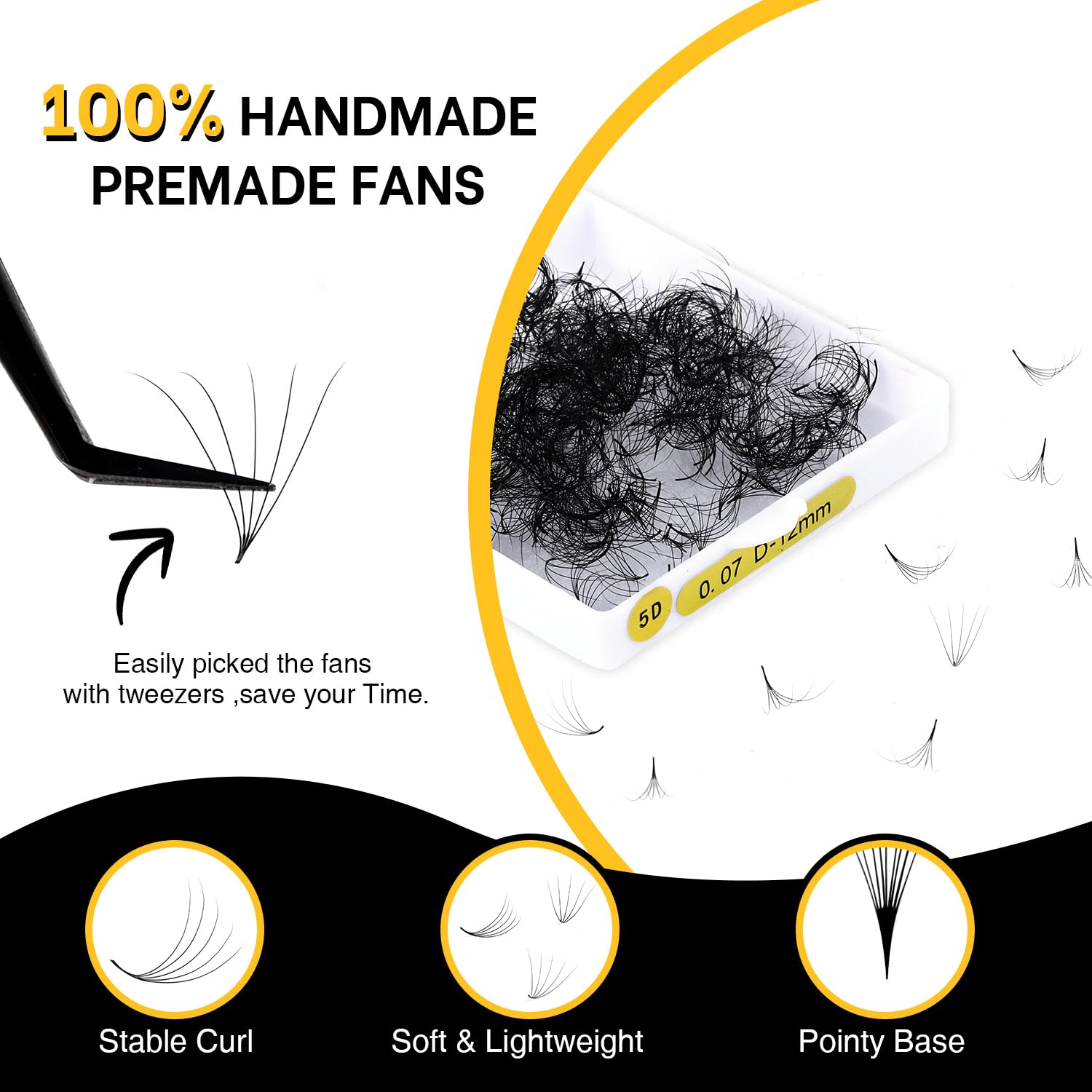 Kolybel 500 Premade Lash Fans – 24D 0.03, D Curl, 12mm | Volume Premade Extensions