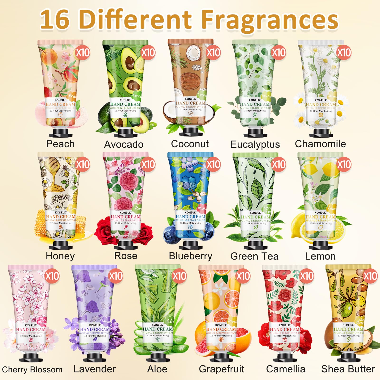 KONEUK 160 Pack Hand Cream Gifts Set – 16 Scents, Travel Size, Bulk Hand Lotion