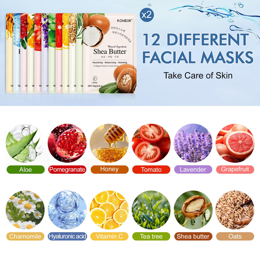 KONEUK 24 Pack Sheet Masks | Hydrating Collagen Essence for All Skin Types