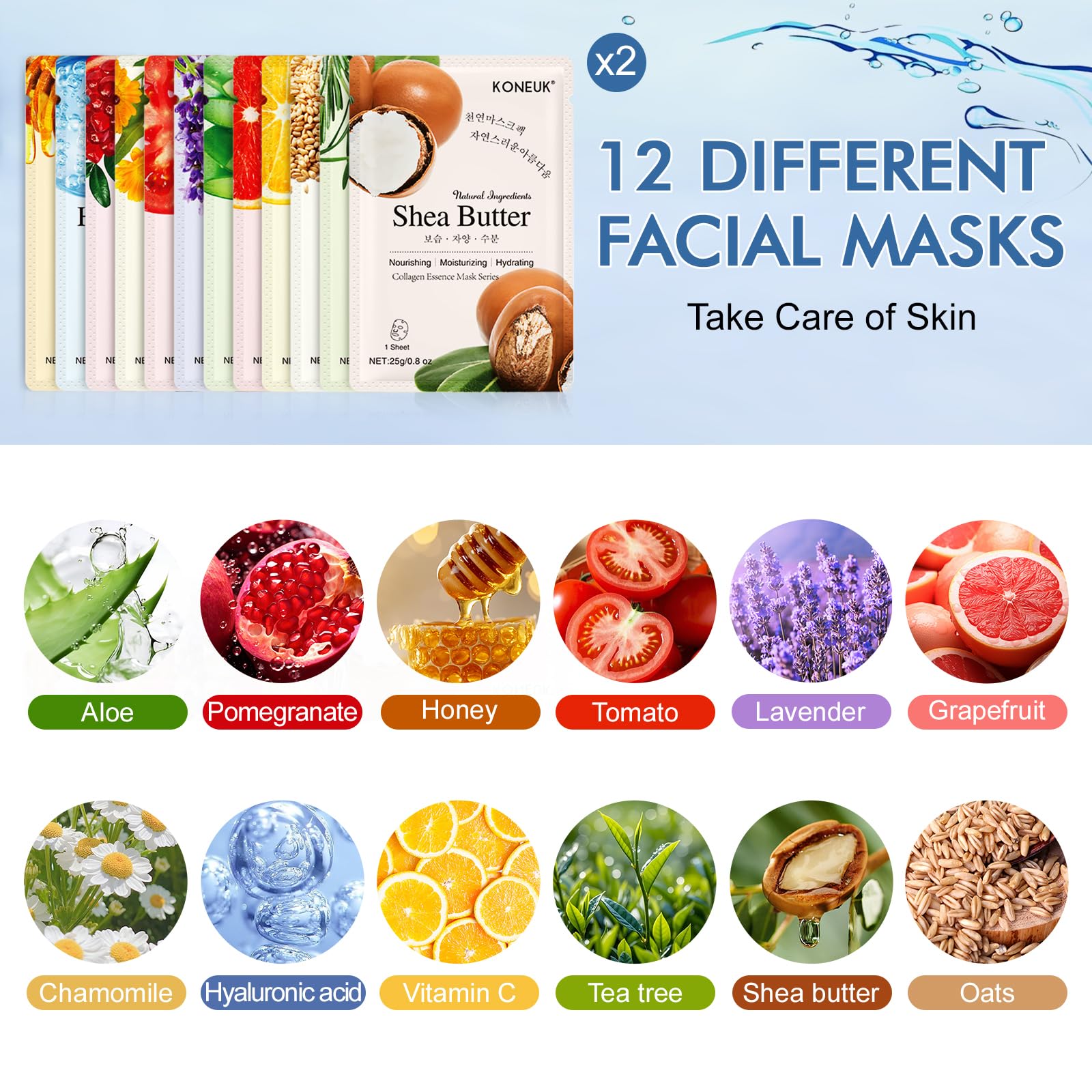 KONEUK 24 Pack Sheet Masks | Hydrating Collagen Essence for All Skin Types