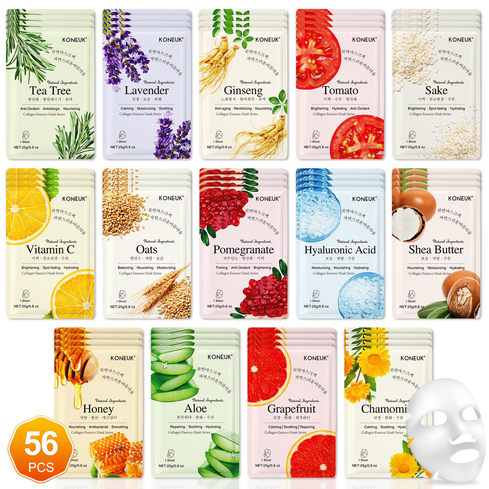 KONEUK 56 Pack Sheet Masks Gift Set – Hydrating Facial Masks for All Skin Types