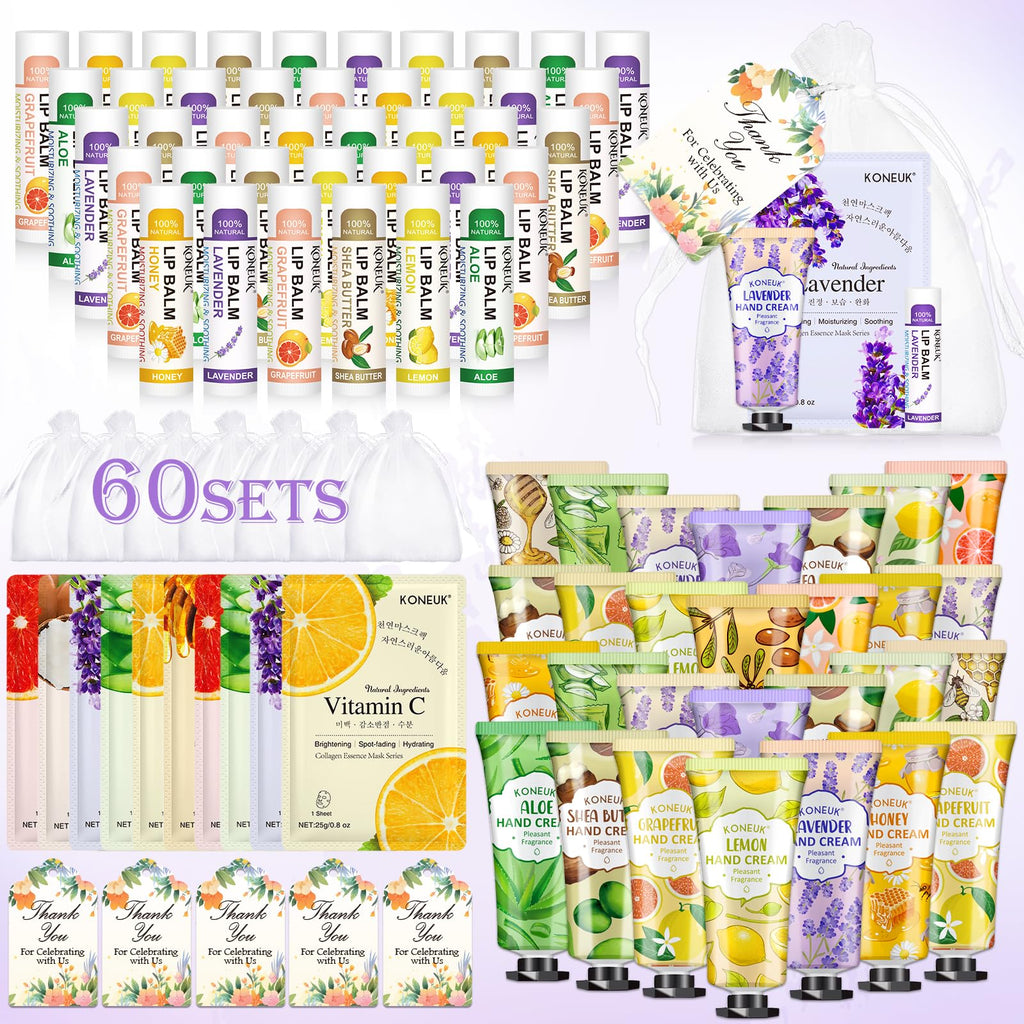 KONEUK 60-Pack Bulk Lip Balm, Facial Mask & Hand Cream Gift Sets