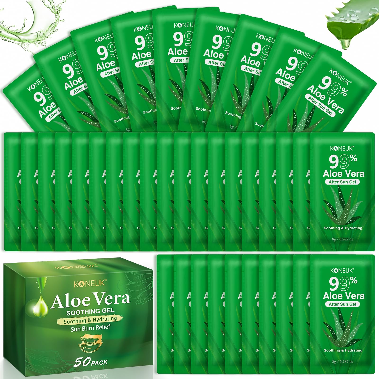 KONEUK 50 Pack Aloe Vera Gel – 99% Pure, Travel-Size for Face, Hair & Skin