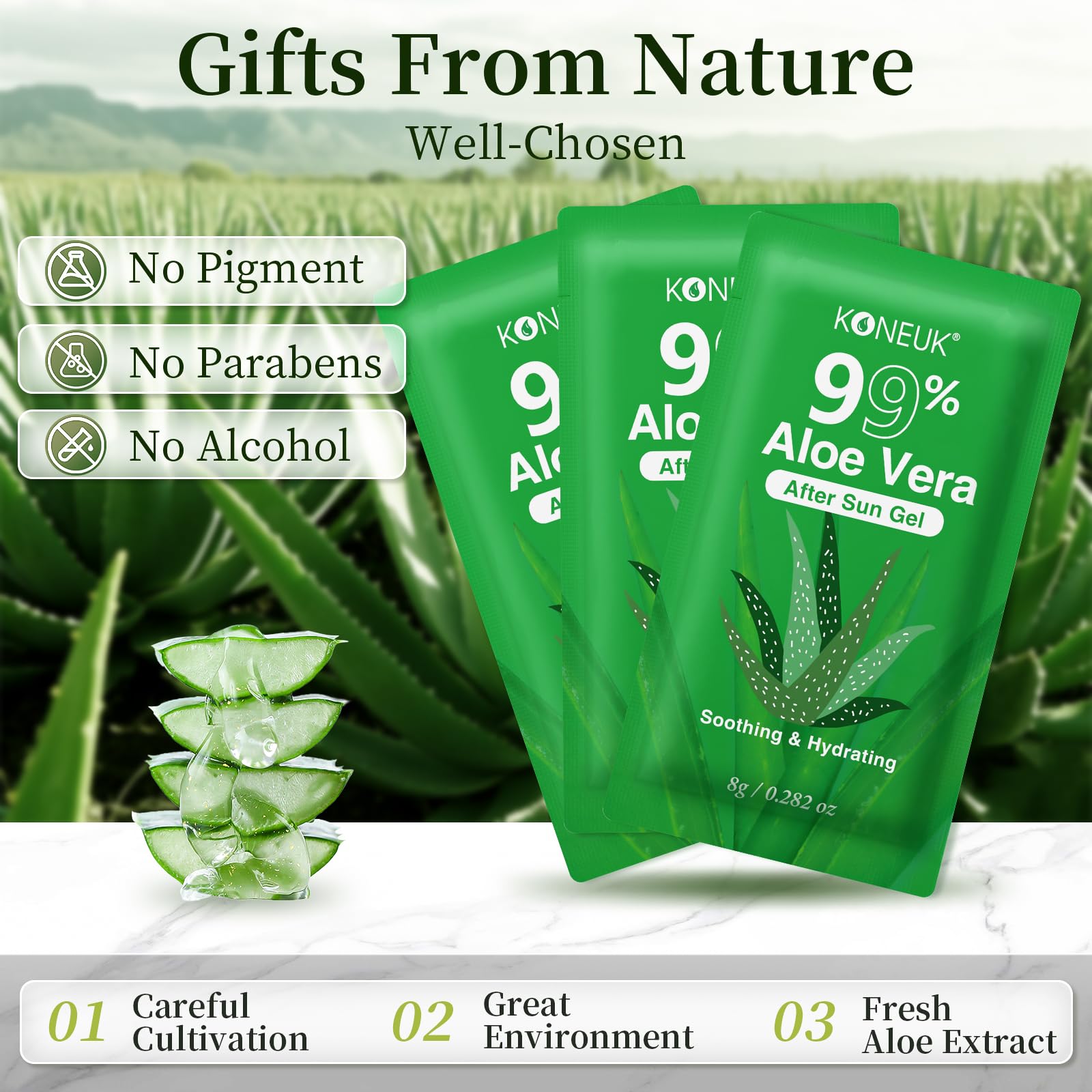 KONEUK 50 Pack Aloe Vera Gel – 99% Pure, Travel-Size for Face, Hair & Skin