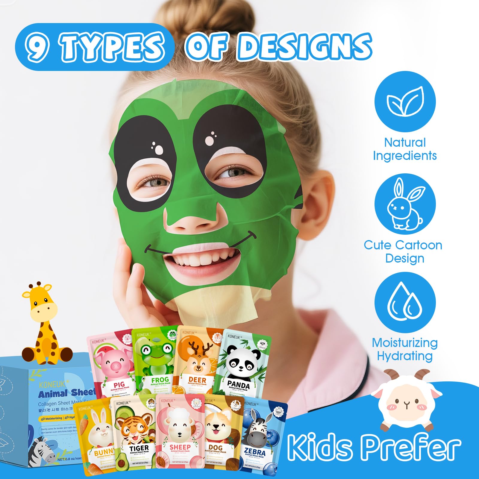 KONEUK 36-Pack Cute Animal Kids Face Masks – Collagen Sheet Masks for Girls & Teens
