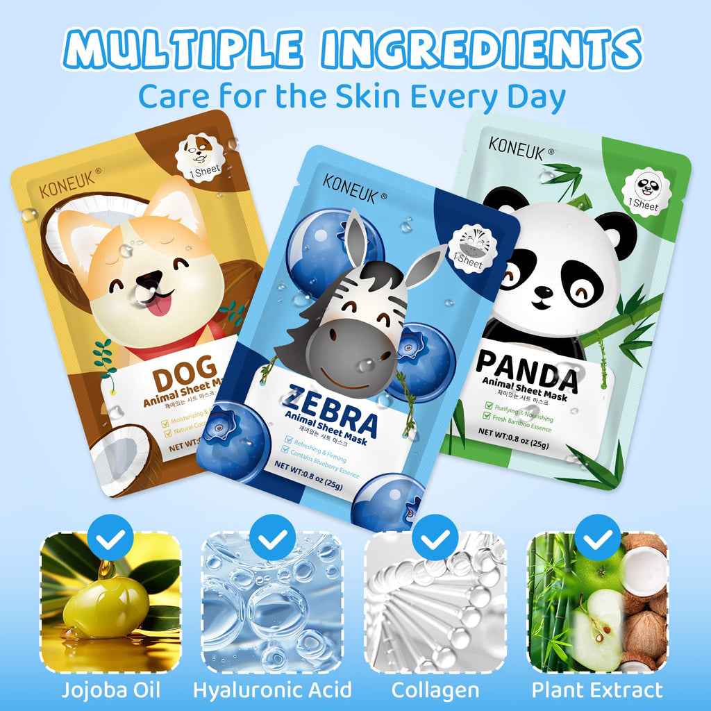 KONEUK 36-Pack Cute Animal Kids Face Masks – Collagen Sheet Masks for Girls & Teens