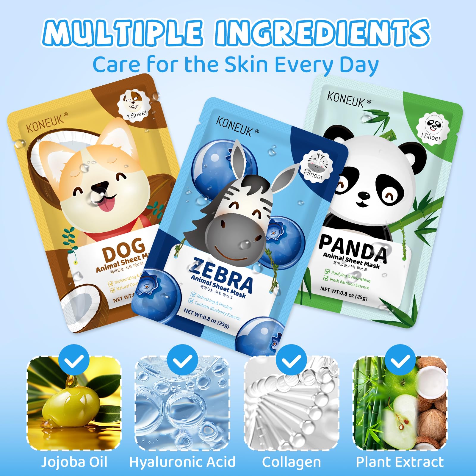 KONEUK 36-Pack Cute Animal Kids Face Masks – Collagen Sheet Masks for Girls & Teens