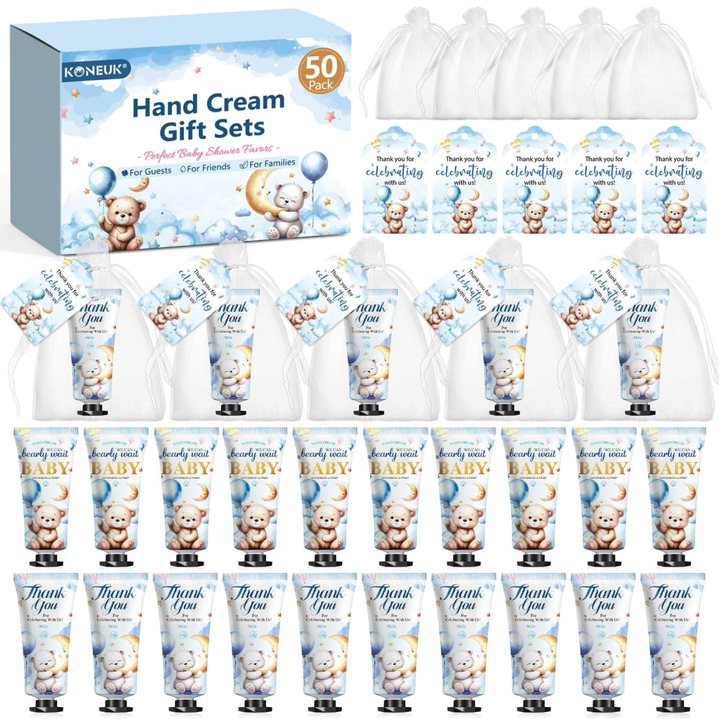 KONEUK 50-Pack Baby Shower Hand Cream Gifts Sets with Thank You Cards & Organza Bags | Bulk Favors for Guests