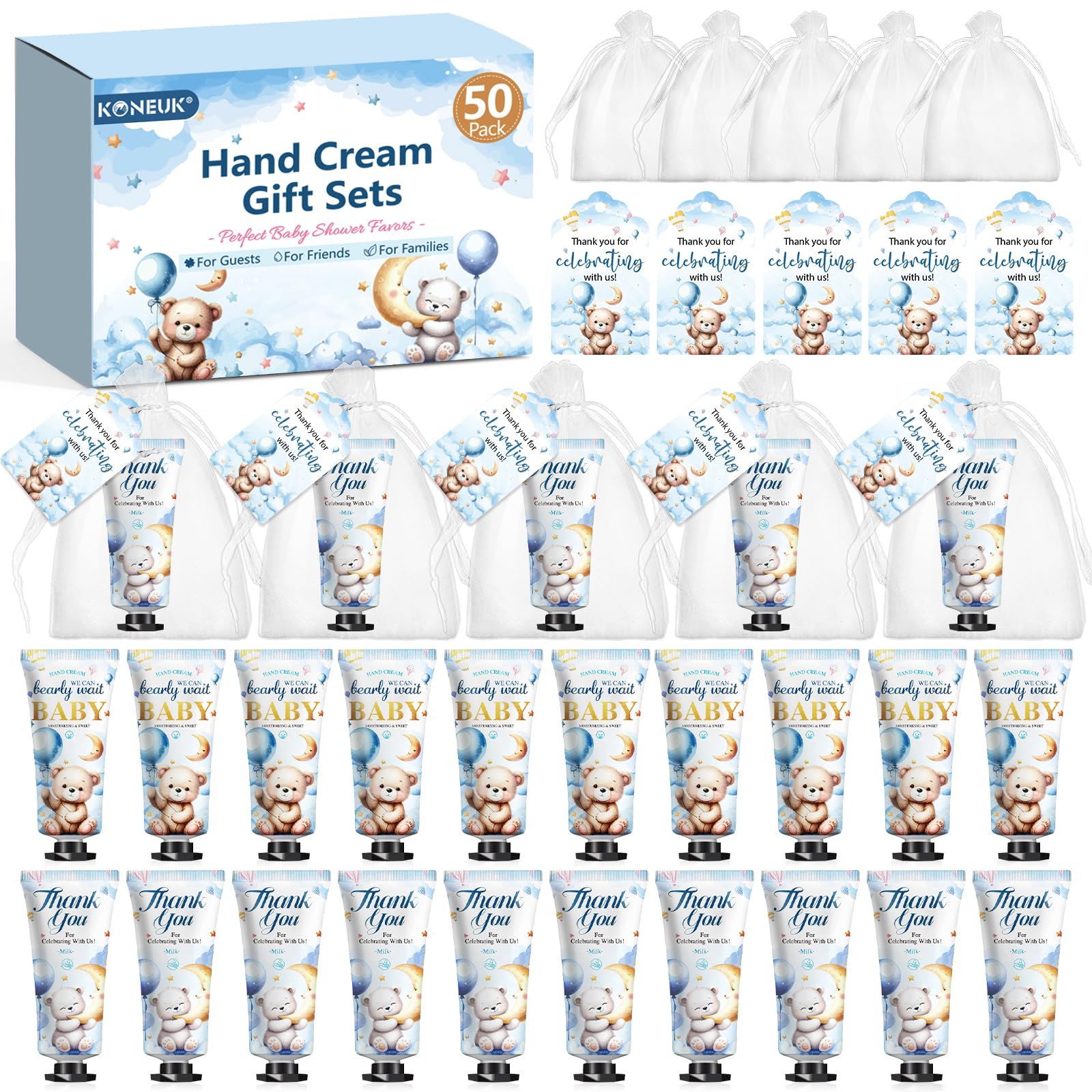 KONEUK 50-Pack Baby Shower Hand Cream Gifts Sets with Thank You Cards & Organza Bags | Bulk Favors for Guests