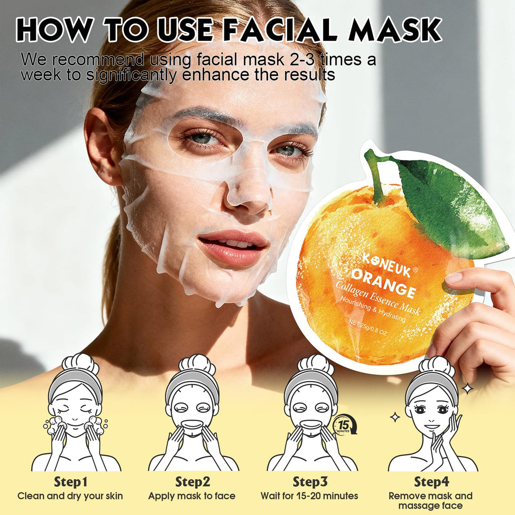 KONEUK 36 Pack Fruit Shaped Sheet Masks – Hydrating Collagen Facial Masks for Dry Skin (9 Designs x 4 Sheets)
