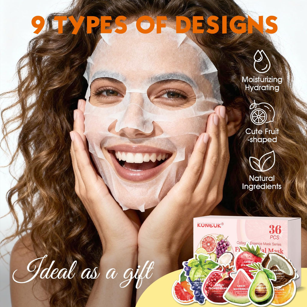 KONEUK 36 Pack Fruit Shaped Sheet Masks – Hydrating Collagen Facial Masks for Dry Skin (9 Designs x 4 Sheets)