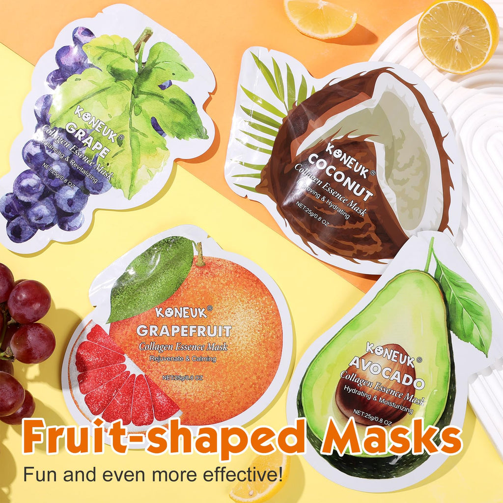 KONEUK 36 Pack Fruit Shaped Sheet Masks – Hydrating Collagen Facial Masks for Dry Skin (9 Designs x 4 Sheets)