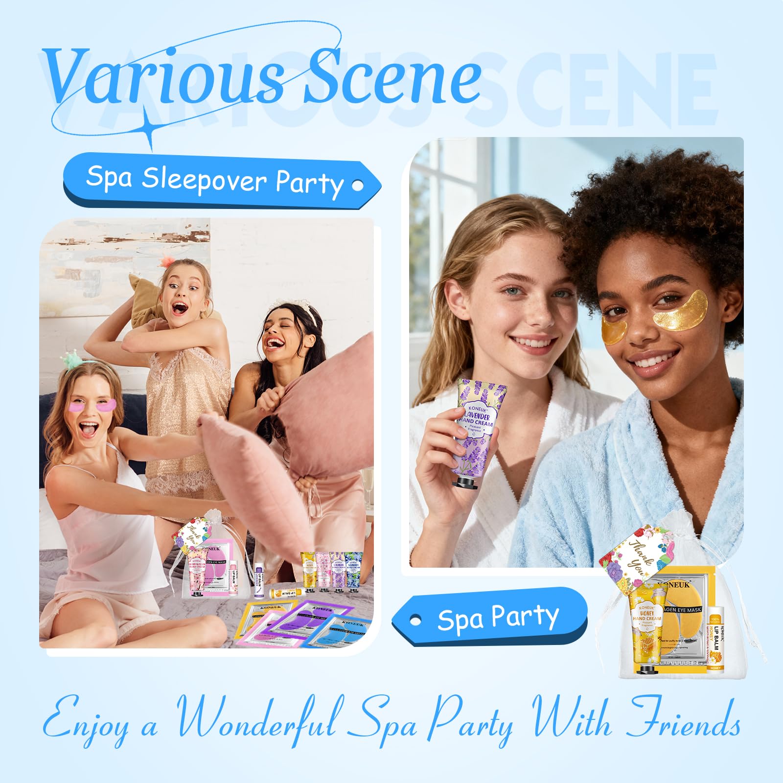 KONEUK 120 Pcs Spa Party Favors Set — Eye Patches, Lip Balms & Hand Creams